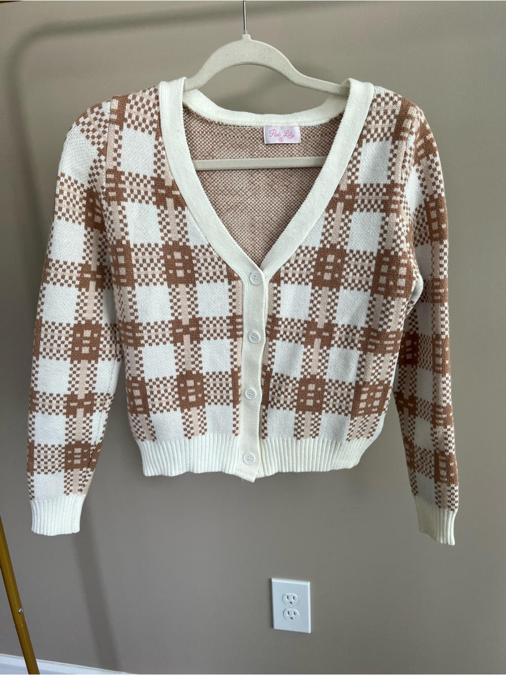 Pink Lily Cream & Brown Plaid V-Neck Button Cardigan